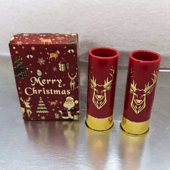 Gift Box Set 12 Gauge Shotgun Shell Red Shot Glasses Gold Deer Novelty Barware - Picture 1 of 13
